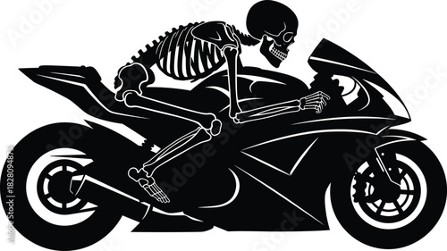Black skeleton riding a black motorcycle rider biker skeleton, motorcycle, rider, biker, bones, skull, racing, speed, transport, vehicle, black, white, silhouette, graphic, illustration, danger, death