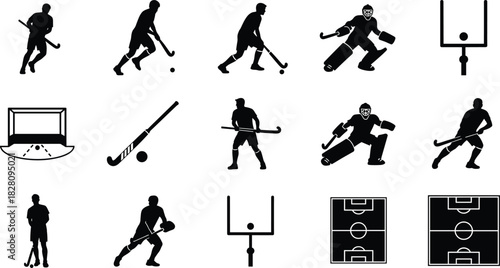 Field Hockey Player Goalie Stick Ball Goal Icons vector field hockey, hockey, player, goalie, stick, ball, goal, sport, game, action, silhouette, icon, set, collection, equipment, athletic, competitio