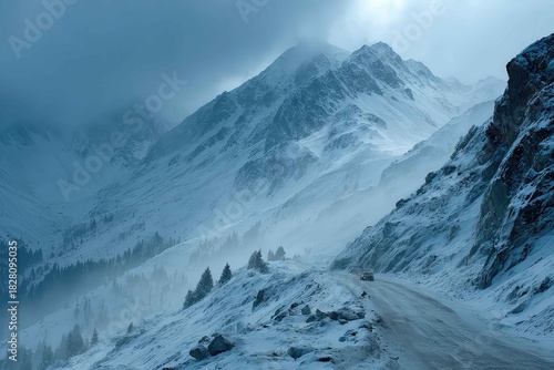 Icy mountain pass in winter storm