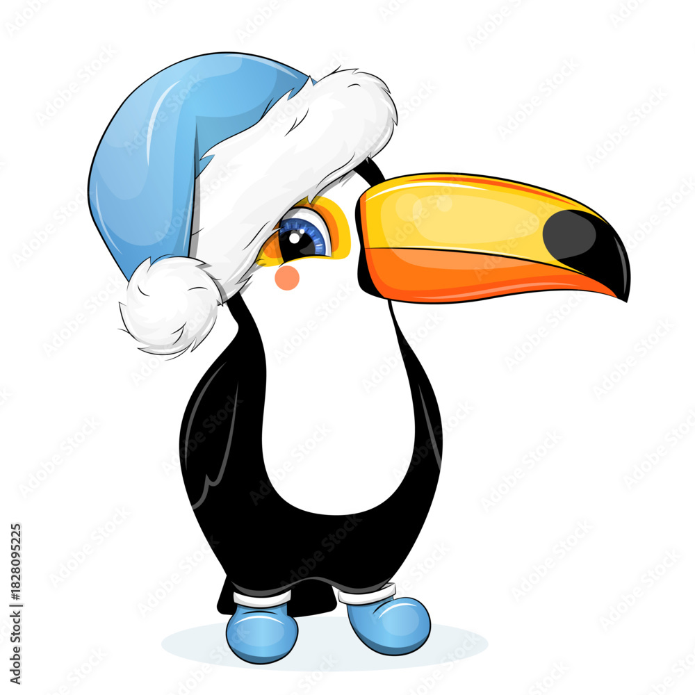 Naklejka premium Cute cartoon Toucan with blue hat. Vector Illustration of animal on a white background.