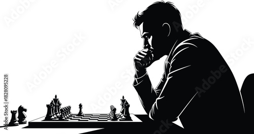 Man contemplating chess game in silhouette strategy chess, game, strategy, thinking, man, silhouette, black and white, board game, game pieces, chess board, concentration, decision, intellect, competi