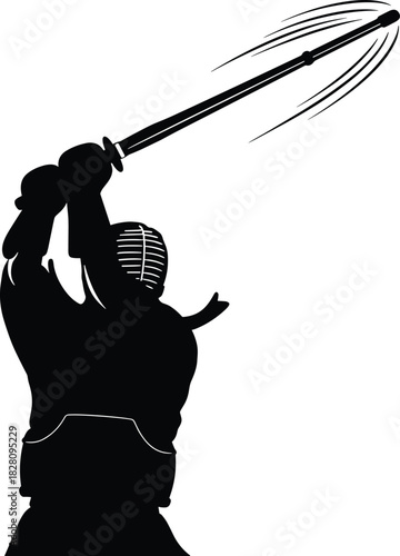 Kendo fighter striking with bamboo sword martial arts kendo, martial arts, fighter, warrior, sport, combat, sword, bamboo sword, shinai, strike, attack, action, movement, dynamic, silhouette, black an