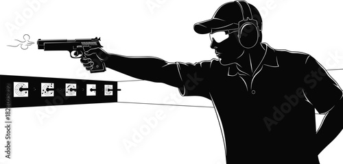 Man shooting pistol at target range with ear protection shooting, gun, pistol, target, range, man, person, silhouette, black and white, firing, weapon, handgun, sport, competition, practice, training,