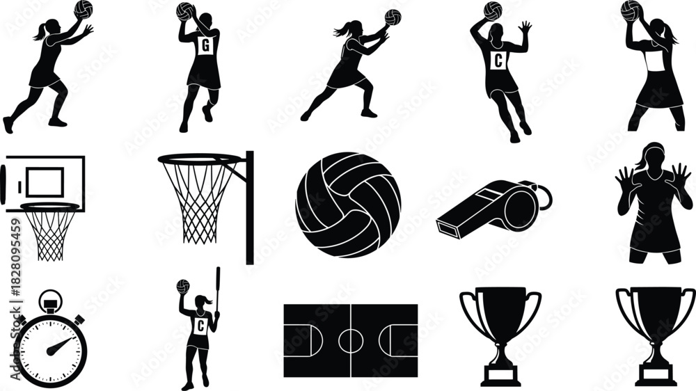 Netball game elements silhouettes including players ball court and trophies netball, sport, silhouette, player, woman, girl, ball, court, hoop, net, whistle, stopwatch, trophy, award, competition, gam