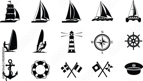 Nautical Icons Collection Sailboat Lighthouse Compass Anchor Flags sailboat, sailing, ship, boat, windsurfing, windsurfer, person, water, lighthouse, beacon, navigation, compass, direction, north, sou
