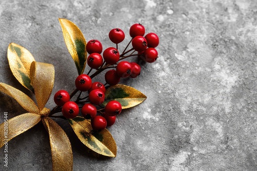 Minimal Christmas Flatlay with Red Berries and Golden Ri