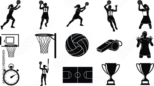 Netball game elements silhouettes including players ball court and trophies netball, sport, silhouette, player, woman, girl, ball, court, hoop, net, whistle, stopwatch, trophy, award, competition, gam