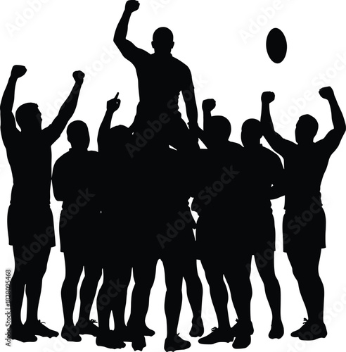 Rugby team celebrating victory with player lifted high rugby, team, celebration, victory, winning, sport, athletes, players, silhouette, black and white, raised arms, cheering, joy, success, achieveme