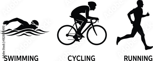 Silhouette icons of swimming cycling and running triathlon swimming, cycling, running, triathlon, sport, athlete, silhouette, black and white, icon, graphic, illustration, vector, water, waves, bicycl