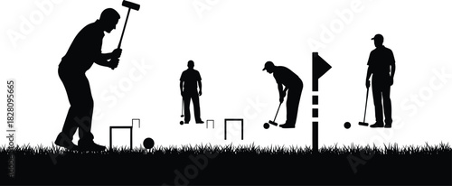 Silhouette of people playing croquet on grass sport croquet, sport, game, recreation, outdoor, activity, leisure, players, silhouettes, grass, lawn, mallets, balls, wickets, flag, competition, summer,