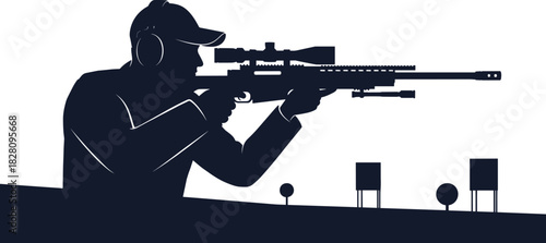 Silhouette of person aiming sniper rifle at targets silhouette, person, man, aiming, sniper rifle, gun, weapon, shooting, target, range, sport, competition, precision, focus, outdoors, white backgroun