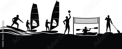 Silhouettes of people engaged in water sports and beach volleyball silhouette, water sports, beach volleyball, surfing, windsurfing, kayaking, stand up paddleboarding, paddle, surfboard, windsurf sail