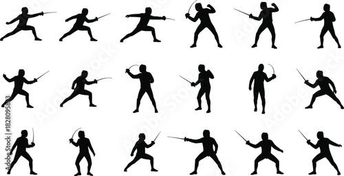 Silhouettes of fencers in various poses with swords fencing, fencer, sword, sport, athlete, action, silhouette, black and white, competition, duel, combat, movement, pose, stance, attack, defense, par
