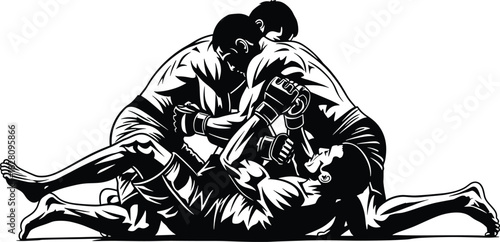 Three men grappling in a fight scene wrestling martial arts fight, grappling, wrestling, martial arts, mma, combat, sport, competition, struggle, submission, hold, clinch, athletes, men, black and whi