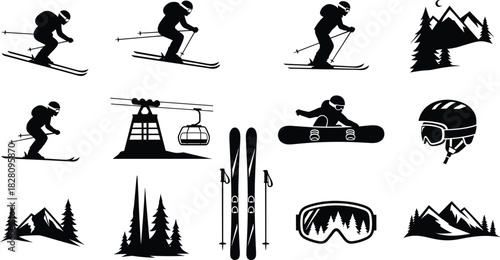 Skiing and snowboarding icons with mountain and forest elements skiing, snowboard, ski poles, ski goggles, ski helmet, snowboarder, skier, mountain, pine trees, forest, cable car, ski lift, winter spo