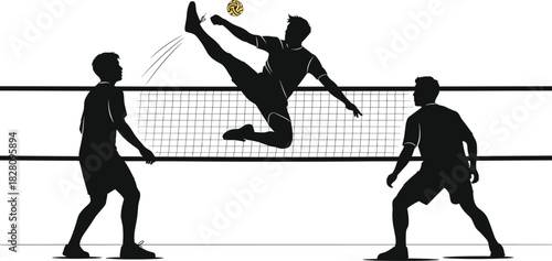 Three men playing sepak takraw over a net sepaktakraw, sepaktakraw, volleyball, sport, game, competition, athletes, men, players, action, kicking, jumping, net, ball, yellow ball, black silhouette, wh