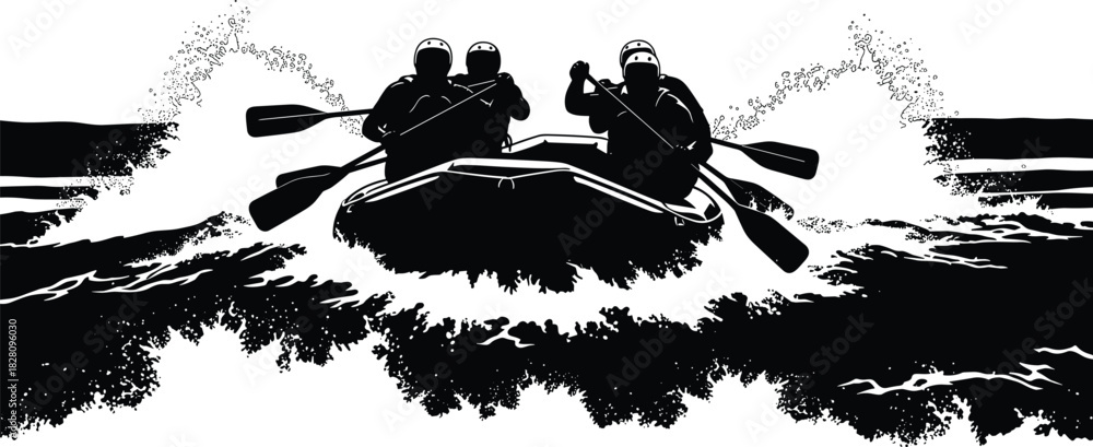 Obraz premium Two people in a raft paddling through rough water boat, raft, boat, water, wave, paddling, oar, oars, people, silhouette, black and white, adventure, extreme sport, whitewater rafting, river, rapids, 