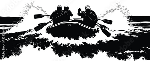 Two people in a raft paddling through rough water boat, raft, boat, water, wave, paddling, oar, oars, people, silhouette, black and white, adventure, extreme sport, whitewater rafting, river, rapids, 