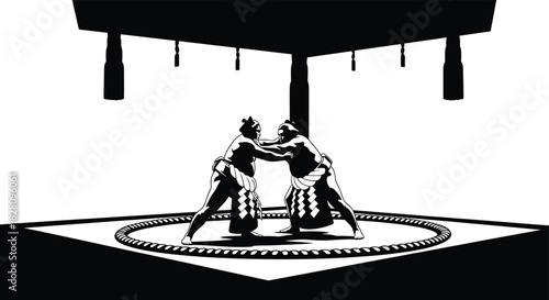 Two sumo wrestlers grappling in a ring with a thatched roof, sumo wrestling, wrestlers, sport, martial art, japan, japanese culture, competition, combat, strength, power, athletes, traditional, ring, 