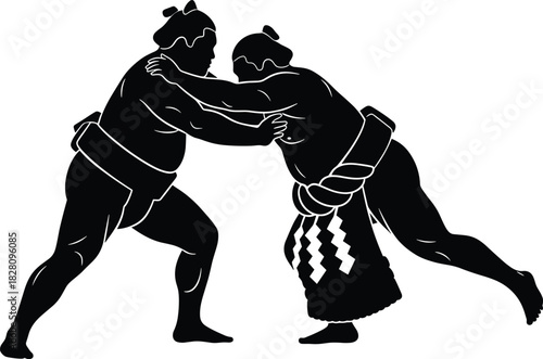 Two sumo wrestlers grappling in black and white silhouette, sumo wrestling, sumo, wrestling, sport, martial art, athletes, fighters, competition, strength, power, action, combat, grappling, holding, p