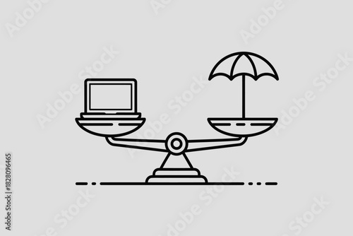 A balance scale weighs a laptop against an umbrella, symbolizing a choice.
