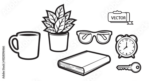 Illustration of a cup of coffee plant and a book outline