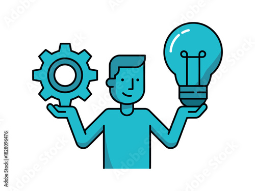 Person balancing a gear and a lightbulb, representing innovation and efficiency.