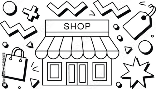 A charming storefront with playful abstract shapes and a shopping bag illustrates the concept of commerce.