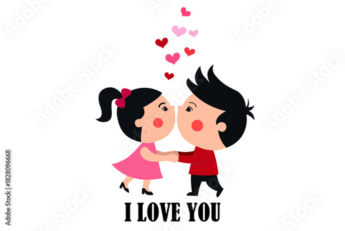I love you cute simple postcard, valentine's Day card. Romantic Flat Vector Valentine's Day Card. Flat Style,with love letter, kiss boy and girl