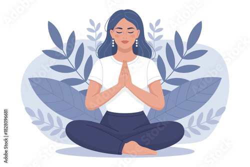 A serene woman meditates peacefully in a lotus position amidst lush botanical elements, embracing mindfulness and tranquility.