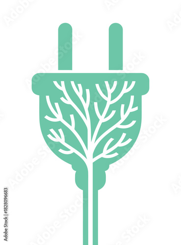 An electrical plug is intertwined with a stylized tree or root system, representing nature and power.