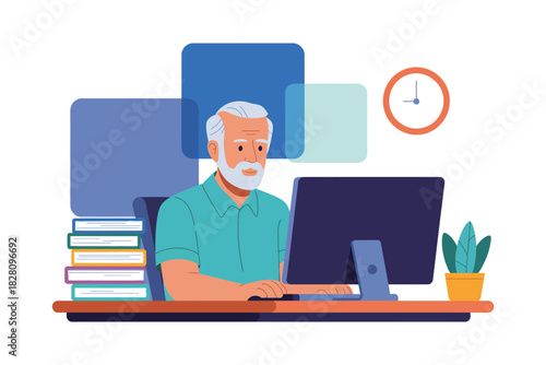 An elderly man with a beard works on a computer in an office setting with books and a clock on the wall.