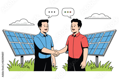 Two businessmen shake hands in front of solar panels, symbolizing partnership in renewable energy.