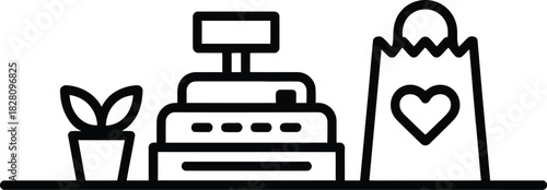 Cash register and shopping bag with heart symbol in a store.