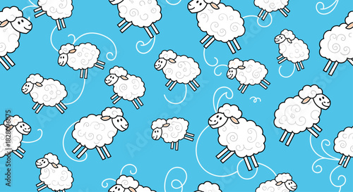 Adorable cartoon sheep jumping in a seamless pattern on a bright blue background perfect for nursery or children's textiles.