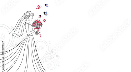 Elegant line art drawing of a bride in a wedding dress holding a bouquet with butterflies fluttering on a white background.