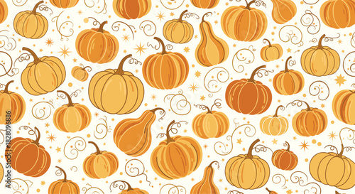 Autumnal seamless pattern with a variety of hand-drawn pumpkins and squashes on a cream background with stars and swirls.