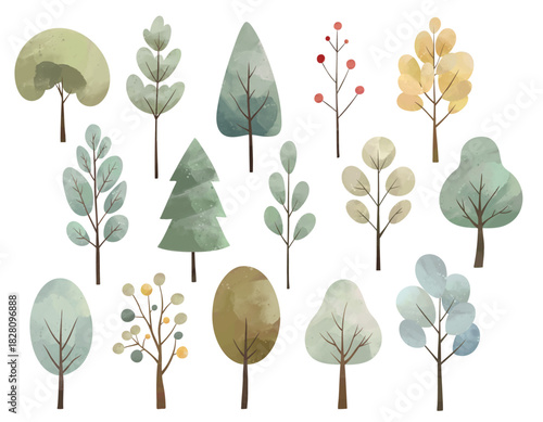 Set of watercolor trees. Cute fairy nordic trees. Wintertime and autumn nature. Hand drawn illustration.
