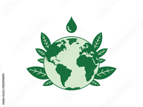 A green earth icon with leaves and a water droplet symbolizes environmental preservation and sustainability.