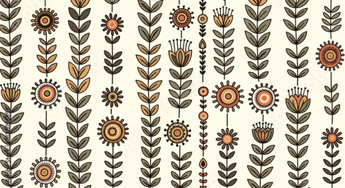 Seamless folk art pattern with vertical rows of stylized flowers and leaves in an earthy color palette on a light background.