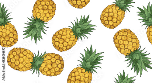 Tropical seamless pattern with realistic detailed pineapples scattered on a clean white background for a fresh summer vibe.