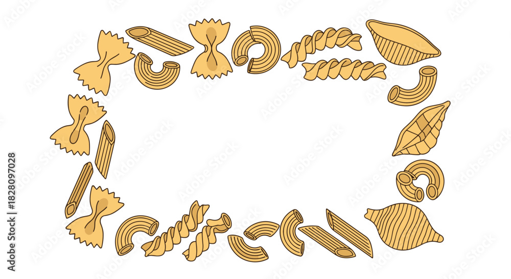 Fototapeta premium Rectangular frame made of various types of uncooked Italian pasta creating a fun food-themed border on white background.