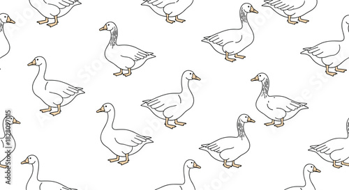 Seamless line art pattern of white domestic geese on a white background creating a simple and clean farm animal design.