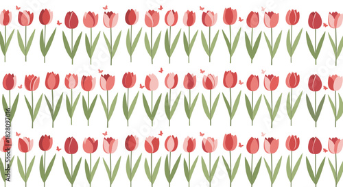 Seamless pattern of horizontal rows of pink and red tulips with green stems creating a beautiful spring floral background.