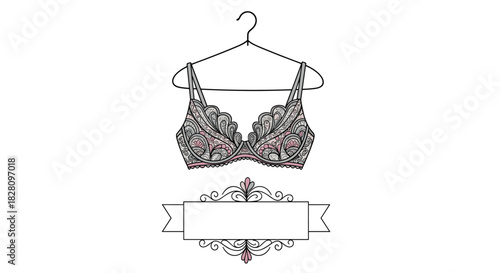 Elegant illustration of a lace bra on a hanger with an ornate vintage ribbon banner below for text or branding.