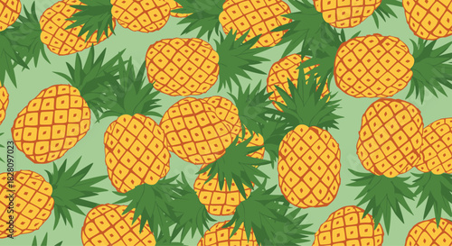 Tropical seamless pattern of cartoon pineapples scattered on a light green background for a fun and fruity summer design.