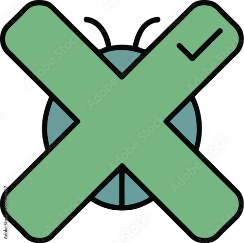 A stylized bug with a green X and checkmark symbol.
