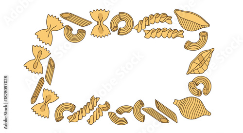 Rectangular frame made of various types of uncooked Italian pasta creating a fun food-themed border on white background.