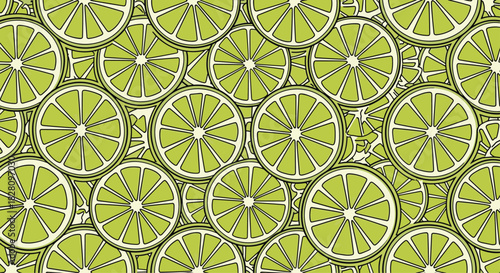 Seamless pattern background of overlapping green lime slices with a hand-drawn outline style creating a citrus fruit texture.