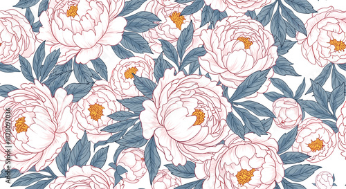 Lush seamless floral pattern with elegant pink and white peony flowers and blue leaves on a clean white background.